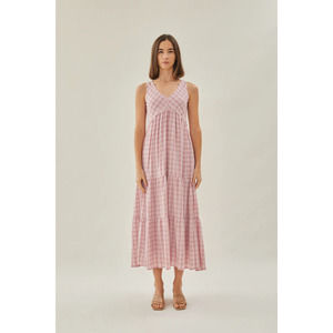 Tiered Maxi Sudress Plaid V Neck Sleeveless Side Pockets Cotton Rose S